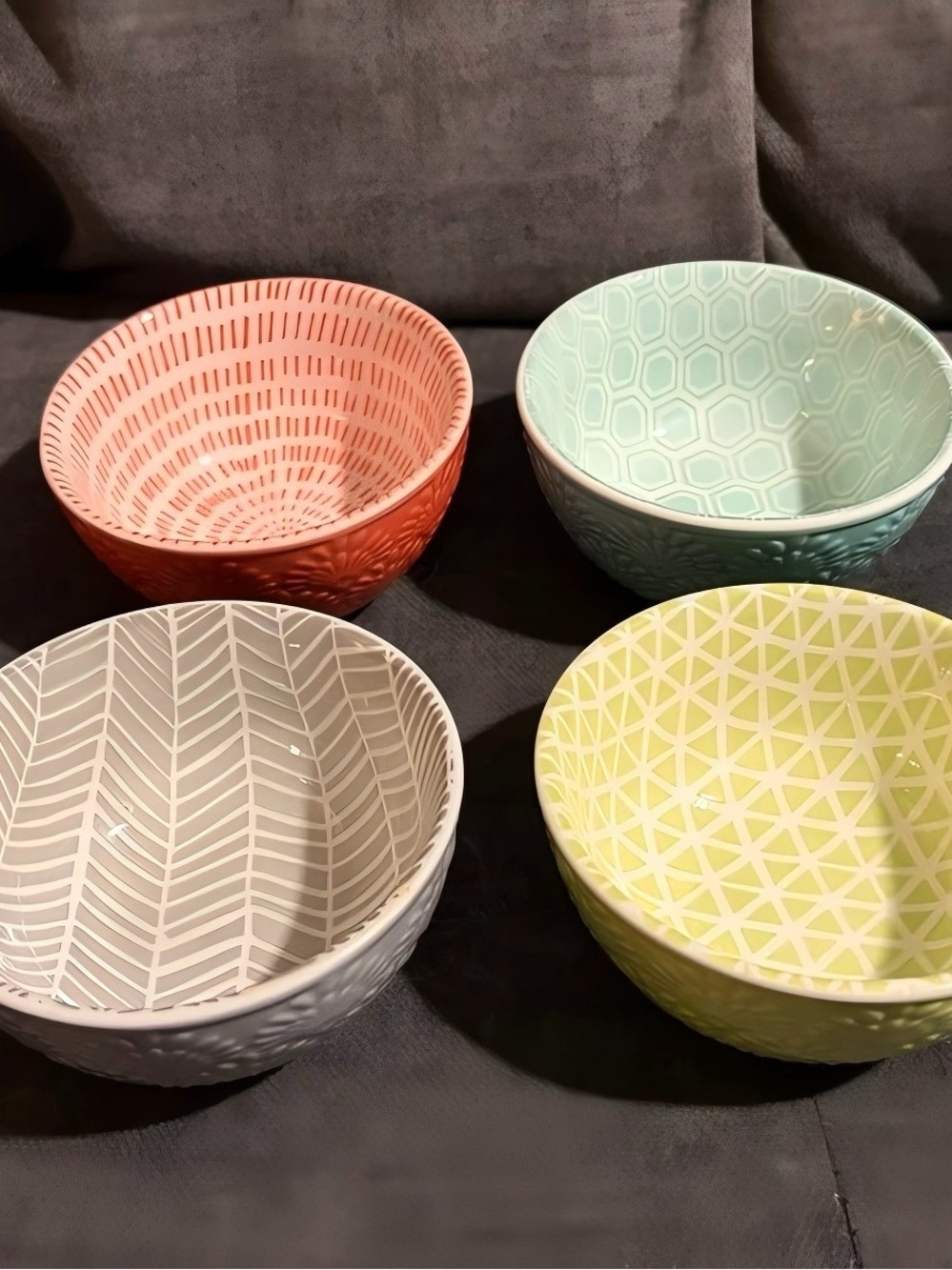 Set of 4 Patterned Ceramic Serving Bowls in Coral, Mint, Gray, and Lemon